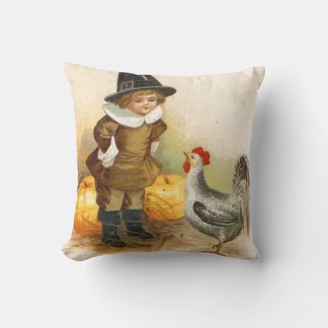 Coussin Un pèlerin Bon thanksgiving et le rocher de Plymou (Recto)