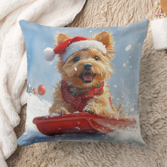 Coussin Un Terrier australien à la luge, qu'il neige Noël (Couverture)