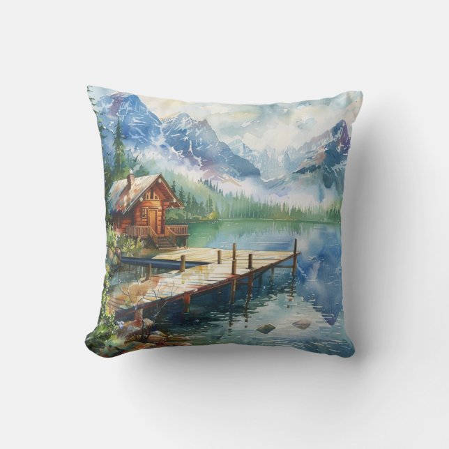 Coussin Une cabane de pêche sur le lac (Recto)