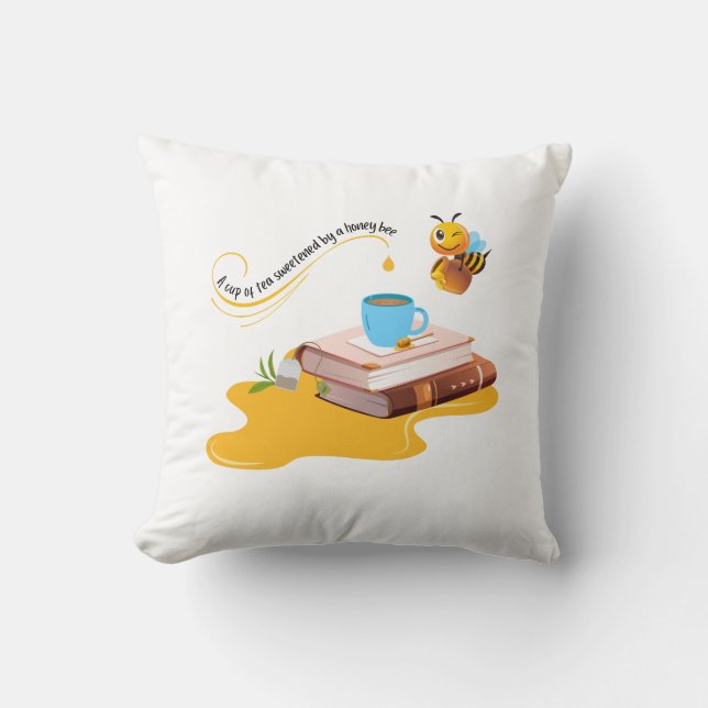 Coussin Une coupe de thé sucré par une abeille miel mignon (Recto)