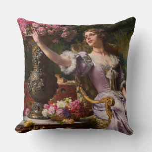 Coussin Une Dame En Robe Lilas Avec Des Fleurs