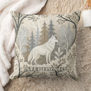 Coussin Une forêt d'hiver paisible avec des loups blancs