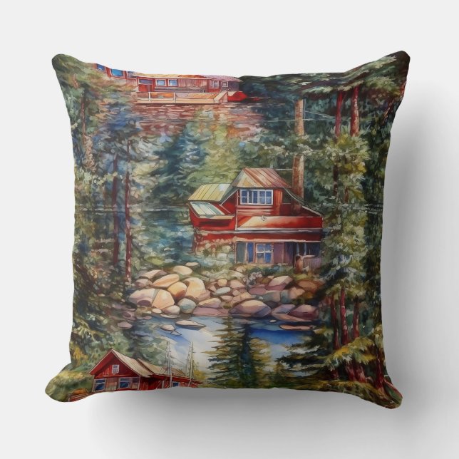 Coussin Une maison de lac dans les bois (Recto)