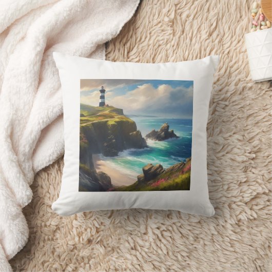 Coussin Une plage avec phare (Couverture)