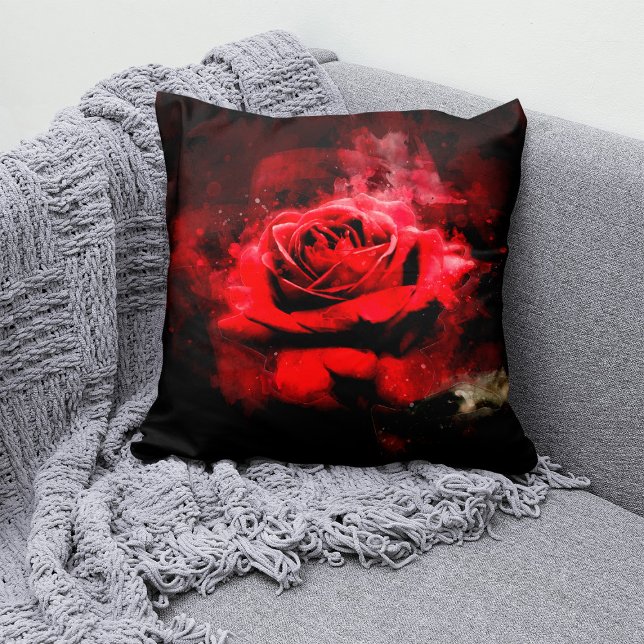 Coussin Une rose rouge aquarelle sur fond noir (One Red Rose Watercolor on Black Background. Throw Pillow)