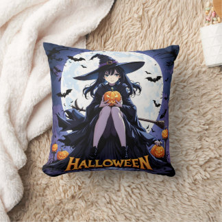 Coussin Une sorcière avec un citrouille sous une pleine lu