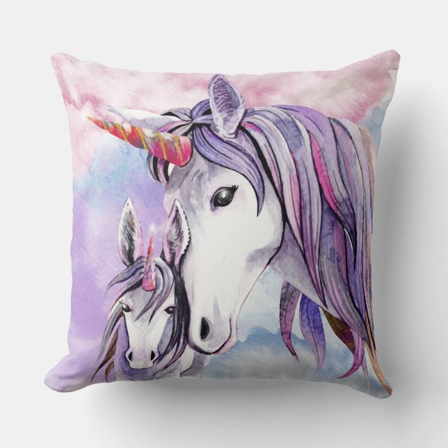 Coussin Unicorn Maman et Bébé Lavande WhimsicalArtwork™ (Recto)