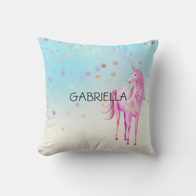 Coussin Unicorn rose Confetti Nom personnalisé (Recto)