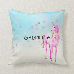 Coussin Unicorn rose Confetti Nom personnalisé