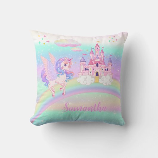 Coussin Unicorne arc-en-ciel magique personnalisé (Recto)