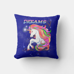 Coussin Unicorne avec crinière arc-en-ciel, art imaginaire