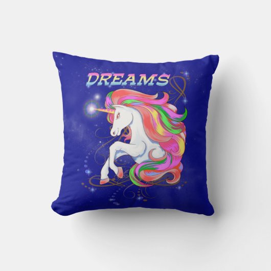 Coussin Unicorne avec crinière arc-en-ciel, art imaginaire (Recto)