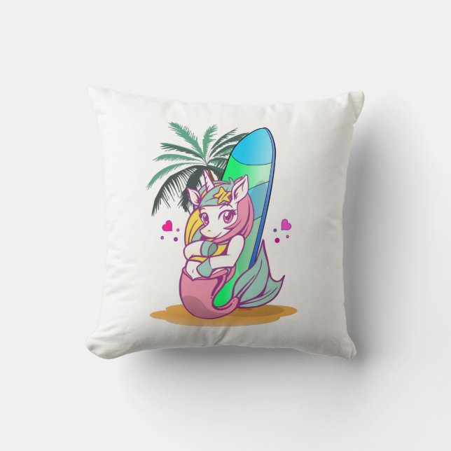 Coussin Unicorne avec planche de surf sur la plage (Recto)