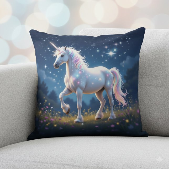 Coussin Unicorne dans Starlit Fleur sauvage Meadow à la nu (Unicorn in Starlit Wildflower Meadow at Night Throw Pillow Cover Photo)