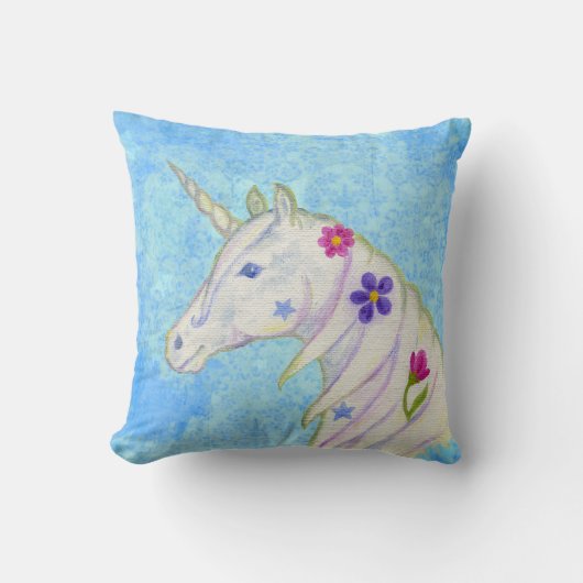 Coussin Unicorne de fleurs sur bleu (Recto)
