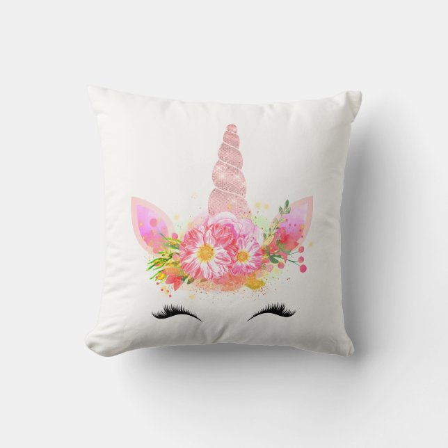 Coussin Unicorne Lashes Souriants Fleurs d'or Rose noir (Recto)