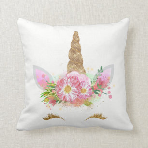 Coussin Unicorne Lashes Souriants Rose Rose Or Fleurs Spar
