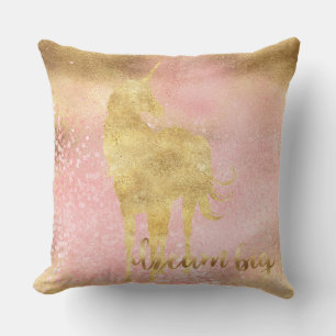 Coussin Unicorne magique rose or