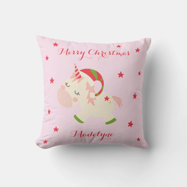 Coussin Unicorne Noël Fête Personnalisée Rose (Recto)