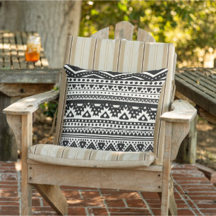 Coussin Unique Black Cream Ivory Zigzag Stripes Art Tribal