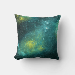 Coussin Univers Espace Vert Jaune Nébuleuse Stellaire Aqua
