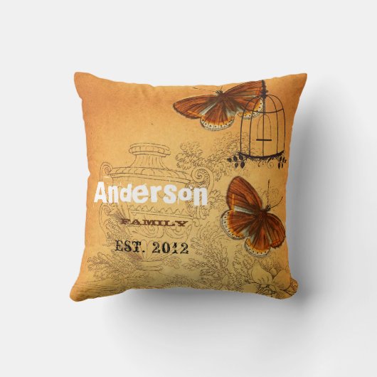 Coussin Urne et cage d'oiseaux Ephemera aux papillons pers (Verso)