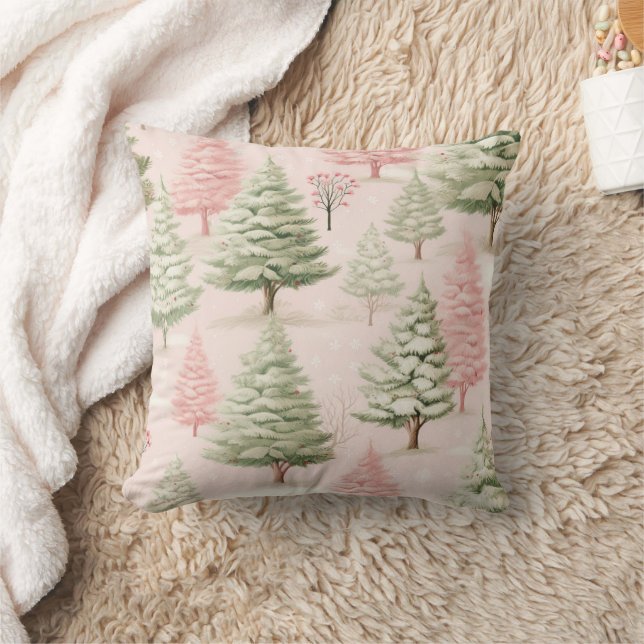 Coussin Vacances de Noël Arbres verts roses (Couverture)