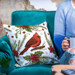 Coussin Vacances de Noël Cardinal Rouge Poinsettia Floral