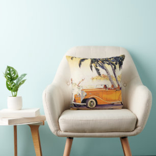 Coussin Vacances familiales vintage dans une voiture décap