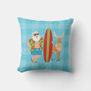 Coussin Vacances Hawaïennes du Père Noël surfeur Tropical