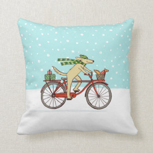 Coussin Vacances hivernales à vélo de chien et d'écureuil