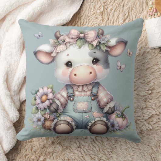 Coussin Vache Bébé mignonne Pastel dans les salons avec fl (Couverture)