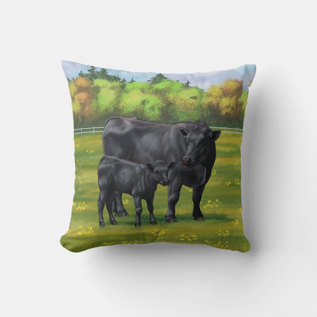Coussin Vache d'Angus noir et veau mou en pâturage d'été (Recto)