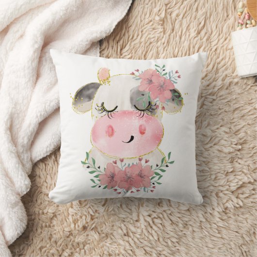 Coussin Vache d'aquarelle avec fleurs Jeu d'oreiller (Couverture)