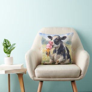 Coussin Vache d'aquarelle lèche un cône de glace