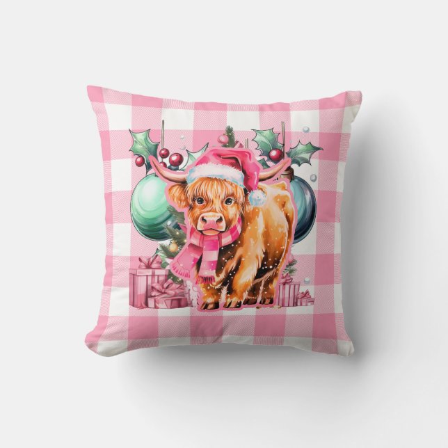 Coussin Vache de Noël Rose Highland Joyeux Noël Plaid (Recto)