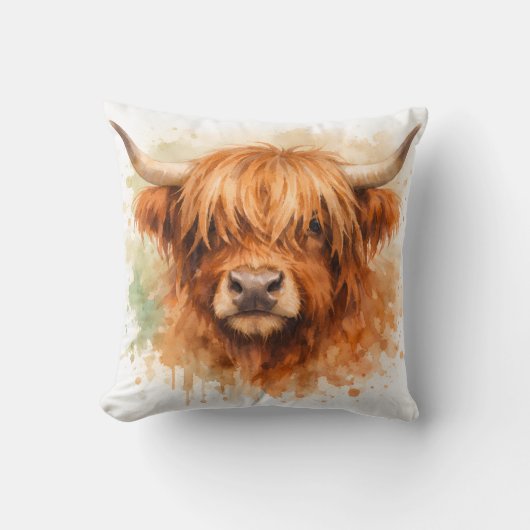 Coussin Vache des Highlands - Animaux à l'aquarelle (Recto)