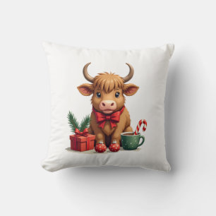 Coussin Vache des Highlands de Noël vintage avec cadeau à