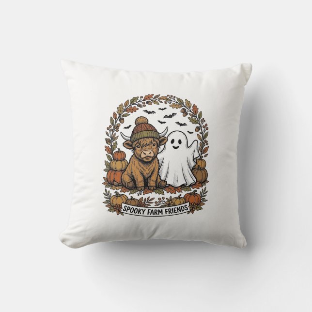 Coussin Vache des Highlands Halloween Fantôme Citrouille A (Recto)