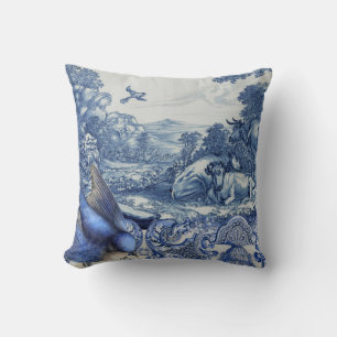 Coussin Vache d'oiseaux Français Collage de toile bleu et