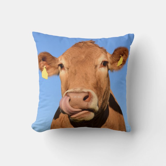 Coussin Vache du Jersey léchant son nez (Recto)