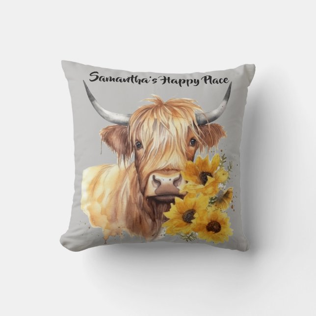 Coussin Vache écossaise Highland avec des tournesols. Modi (Recto)