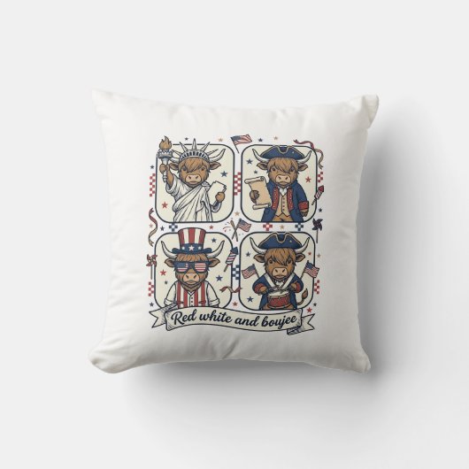 Coussin Vache écossaise patriotique rouge blanc et boujee (Recto)