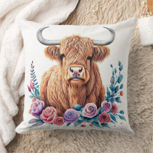 Coussin Vache et fleurs des Highlands Aquarelle