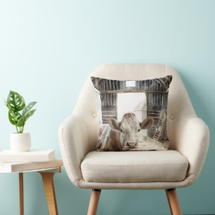 Coussin Vache Hereford et coq en Grange