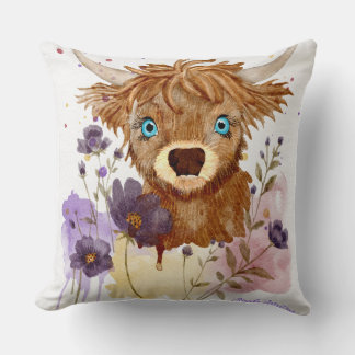 Coussin vache highland aquarelle libre