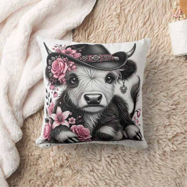 Coussin Vache Highland avec Casquette Floral (Couverture)