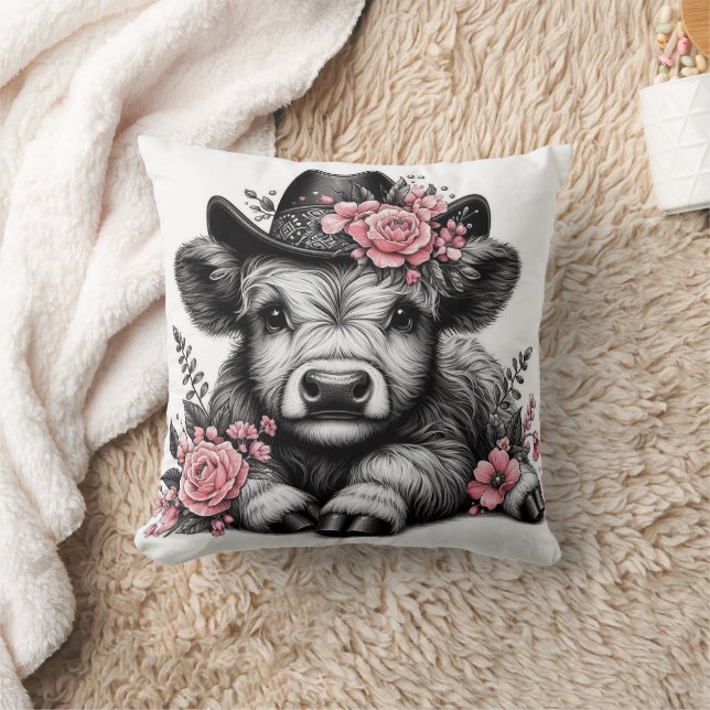 Coussin Vache Highland en Casquette avec décoration floral (Couverture)
