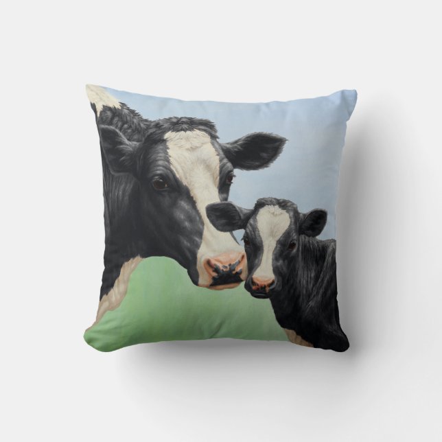Coussin Vache Holstein noire et veau mignon (Recto)