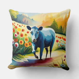 Coussin Vache mignonne dans le champ floral